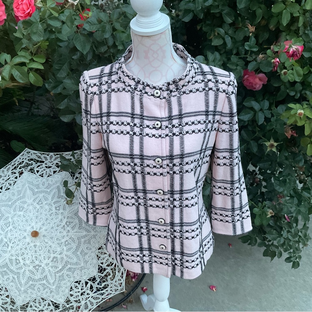 St John Sz 6 Pink 🌸 Plaid SJ enamel buttons dress suit Jacket evening couture